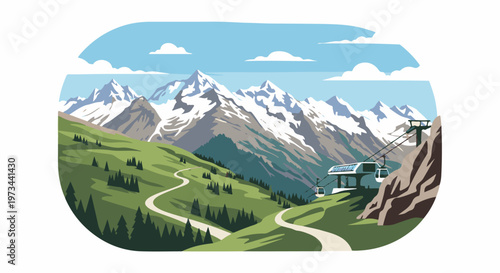 Snowy peaks tower over green slopes with a winding path and a cable car station