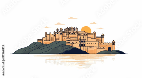 An illustrated sunset over an ancient, elaborate fort perched atop a hill with reflective water below