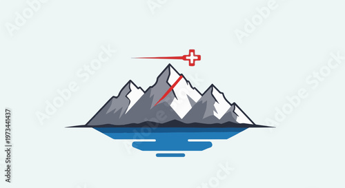 Stylized mountains with a red cross symbol and a reflection in water