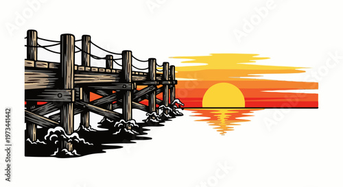Wooden pier jutting over water at sunset, with sun reflecting on the waves