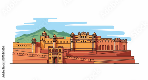An illustrative depiction of a grand, ancient fortress made of orange stone with intricate architecture