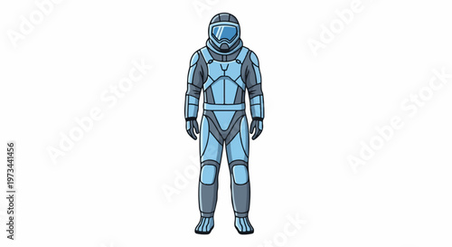 A pixelated illustration of a futuristic armored figure in light blue and grey