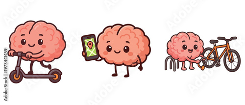 Cute brain characters using scooter and smartphone with bike lock flat vector