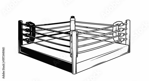 A black and white illustration of a boxing ring with ropes and corner posts