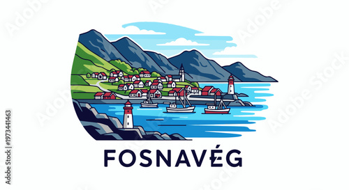 A pixel art illustration depicts a coastal village nestled by mountains, with boats sailing in the bay