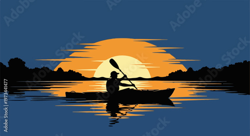 Kayaker silhouetted against a vibrant sunset over a calm lake with tree-lined shores