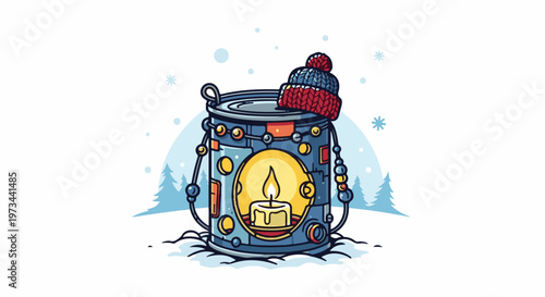 Cozy winter lantern with lit candle, wearing a knit cap, in snowy forest setting