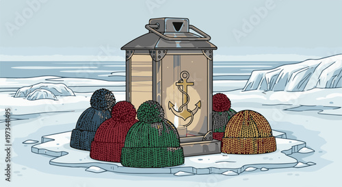 Six colorful knitted hats gather around a glowing lantern with an anchor emblem on an icy landscape