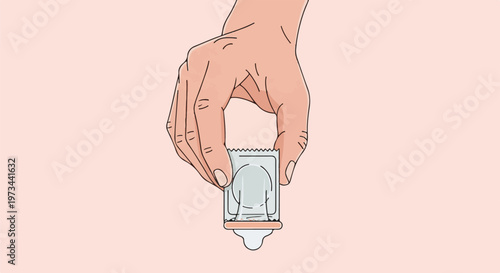 A hand holds a condom package against a soft pink background
