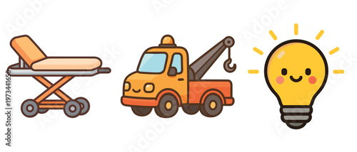 Cute stretcher tow truck and light bulb flat vector illustration