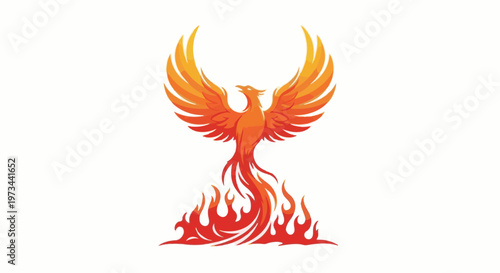 Mythical bird with fiery wings and tail rising from flames, vibrant colors