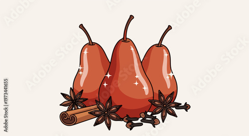 Three ripe pears arranged with star anise, cinnamon, and cloves