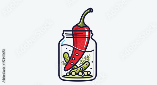 A red chili pepper and pickles are preserved in a glass jar