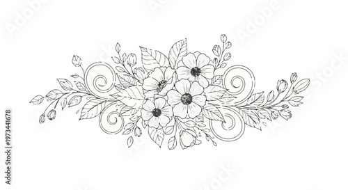 Delicate line art floral arrangement with swirling vines and buds on white