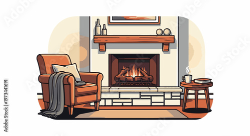 Cozy living room with a roaring fireplace, comfortable armchair, and warm beverage