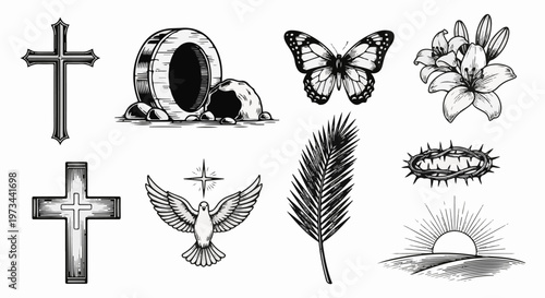 Collection of religious and nature-themed graphic elements in monochrome