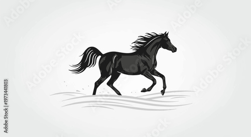 A sleek, black horse gallops across a snow-covered plain, mane and tail flowing