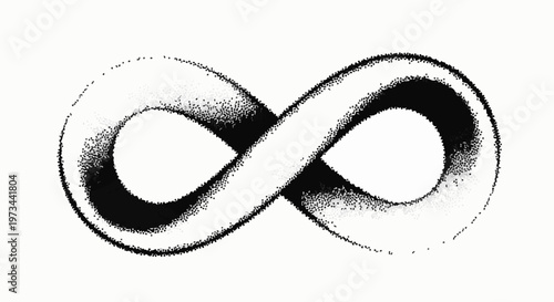 Textured infinity symbol composed of numerous black and grey dots on a white background