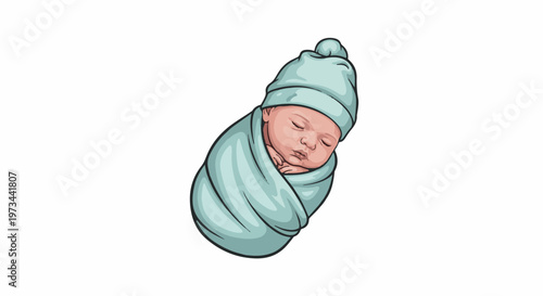 A sleeping infant wrapped in a light blue swaddle and cap, with arms tucked in