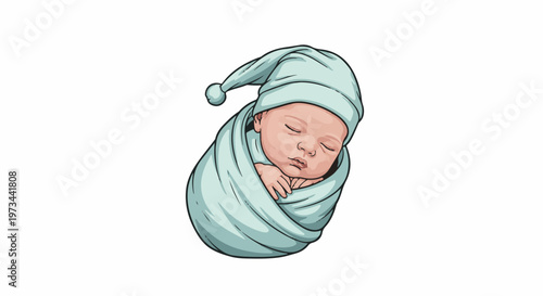 A sleeping infant wrapped in a light blue blanket and wearing a matching hat