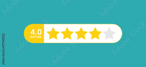 Yellow stars indicate positive rating on a teal background. Four stars shine, one star is unlit. Rating label shows clear score in white font. Perfect for customer feedback or user reviews