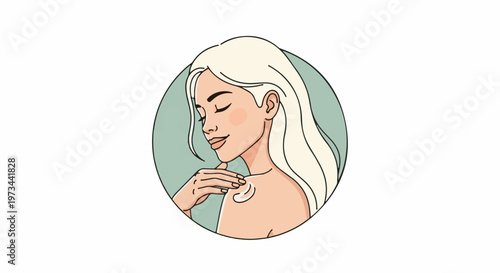 Woman with blonde hair applying cream to her shoulder in a circular frame