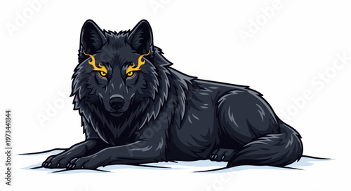 A powerful black wolf with fiery yellow eyes rests on a snowy ground