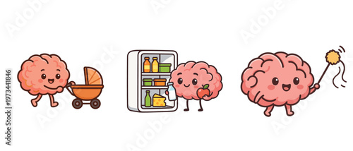 Cute brain characters with stroller, fridge, and duster flat vector