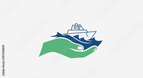 A green hand holds a boat on blue waves