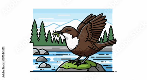 Bird feeding its young in a natural riverine landscape