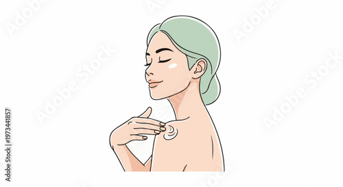 Serene woman gently applies cream to her shoulder with closed eyes