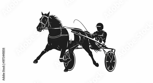A black silhouette of a horse and driver in a sulky race
