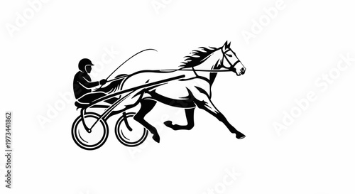 Dynamic illustration of a horse and sulky in motion, captured in a bold black and white graphic