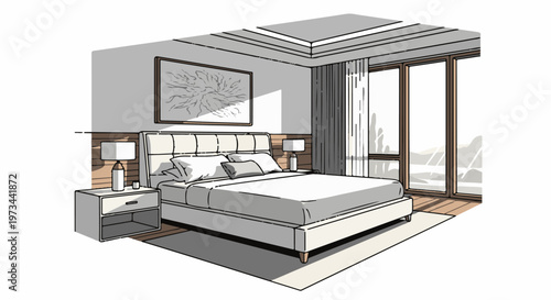 Artistic sketch of a modern bedroom with a large bed, nightstand, and scenic window view