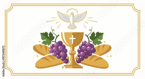 A religious illustration depicting a chalice, dove, grapes, and bread within a decorative border
