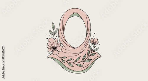 Delicate illustration of a pink hijab adorned with soft floral and leafy accents