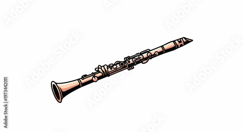 A musical instrument with a bell end and intricate silver keys, artfully depicted