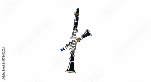 Stylized black clarinet with gold accents and blue details
