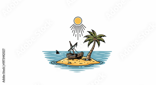 Desert island with shipwreck, palm tree, shark, and sun