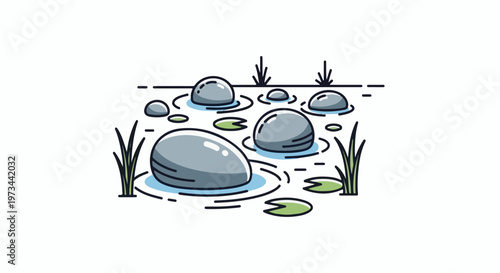 Smooth stones and lily pads float serenely on calm water under descending arrows