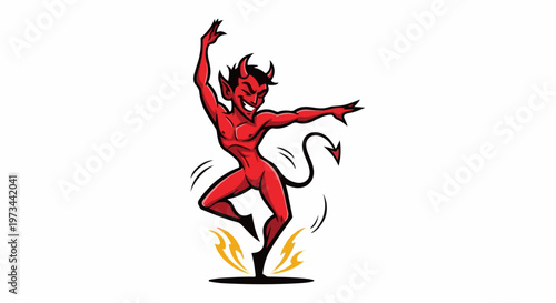 A stylized red devil with horns, tail, and pointed feet, mid-dance
