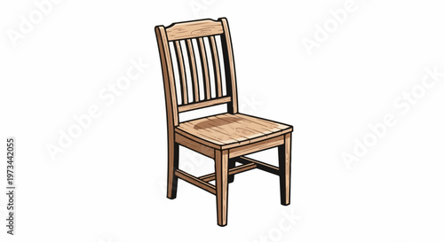 A simple wooden chair with a slatted back and wooden seat