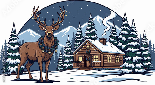 Majestic reindeer stands in snowy woods near a decorated log cabin at night