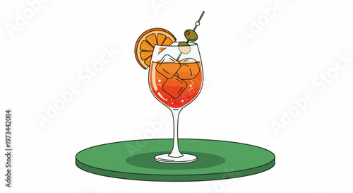 A refreshing orange cocktail with ice, an olive skewer, and an orange slice garnish