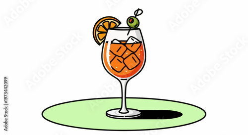 Refreshing orange beverage with ice, orange slice, and olive garnish