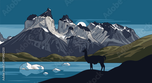 Pixel art landscape with snowy peaks, a lake with icebergs, and a llama silhouette