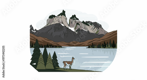 Serene mountain lake scene with a camelid by pine trees under a gray sky