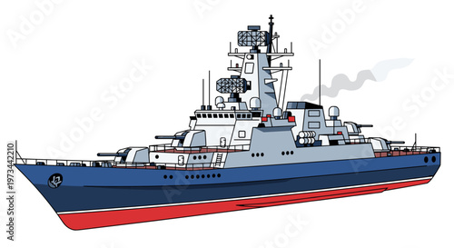 Powerful grey and blue warship with red waterline, featuring multiple turrets, radar arrays, and emitting smoke, depicted with clean lines and bold shapes for scalable design