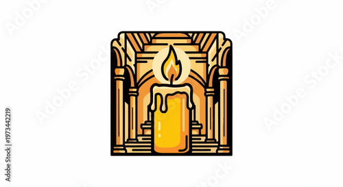 A lit candle with dripping wax sits before an arched, classical architectural backdrop in a golden hue