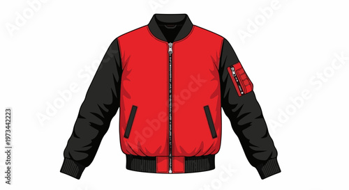 A two-toned bomber jacket with a red body and black sleeves, featuring a zipper